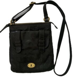 Fossil Black Leather Crossbody with Brass Accent